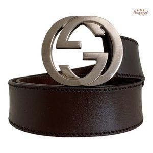 Authentic Gucci Brown Calfskin Leather Silver Interlocking G Buckle Belt 85/34